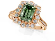 Milgrain Halo Engagement Ring Setting for Fancy Green Emerald Cut Center with Bezel Point Accents and Prong Head in Rose Gold