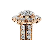 Large Accent Halo Engagement Ring Setting for Round Cut Center with Pave Split Shank and Prong Head in Rose Gold