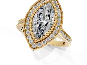 Halo Engagement Ring Setting for Marquise Center with Milgrain Frame, Pave Band and Prong Head in Yellow Gold