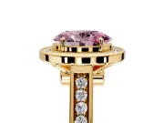 Halo Engagement Ring Setting for Fancy Pink Oval Center with Outer Bezel Rim, Pave Band and Prong Head in Yellow Gold