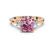 3 Stone Engagement Ring Setting for Fancy Pink Radiant Cut Center with Wide Plain Band and Prong Head in Rose Gold
