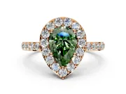 Halo Engagement Ring Setting for Fancy Green Pear-Shaped Center with Heart-Shaped Openwork, Pave Band and Prong Head in Rose Gold