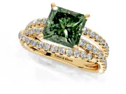 Solitaire Engagement Ring Setting for Fancy Green Princess Cut Center with Woven 3-Strand Pave Band and Prong Head in Yellow Gold