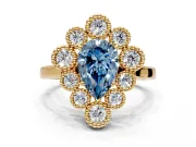 Cluster Halo Engagement Ring Setting for Fancy Blue Pear-Shaped Center with Milgrain Bezel Accents and Prong Head in Yellow Gold