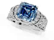 Pave Engagement Ring Setting for Fancy Blue Asscher Cut Center with Curved Accent Rows, Openwork and Prong Head in Platinum