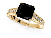 Solitaire Engagement Ring Setting for Fancy Black Asscher Cut Center with Engraved Pave Band and Prong Head in Yellow Gold
