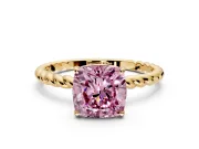 Solitaire Engagement Ring Setting for Fancy Pink Cushion Cut Center with Plain Twisted Rope Band and Prong Head in Yellow Gold