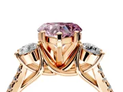 3 Stone Engagement Ring Setting for Fancy Pink Heart-Shaped Center with Crossover Basket, Pave Band and Prong Head in Rose Gold