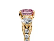 3 Stone Engagement Ring Setting for Fancy Pink Cushion Cut Center with Crossover Basket, Pave Band and Prong Head in Yellow Gold
