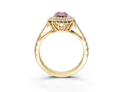 Double Halo Engagement Ring Setting for Fancy Pink Emerald Cut Center with Narrow Pave Split Shank and Prong Head in Yellow Gold