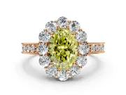 Halo Engagement Ring Setting for Fancy Yellow Oval Center with Milgrain Channel Band and Prong Head in Rose Gold