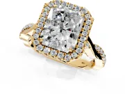 Halo Engagement Ring Setting for Radiant Cut Center with Twist Band and Prong Head in Yellow Gold