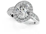 Bezel-Framed Halo Engagement Ring Setting for Oval Center with Pave Band and Prong Head in Sterling Silver