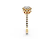 Halo Engagement Ring Setting for Cushion Cut Center with Openwork Halo, Pave Band and Prong Head in Yellow Gold