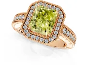 Milgrain Halo Engagement Ring Setting for Fancy Yellow Radiant Cut Center with Pave Band and Prong Head in Rose Gold