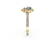 Milgrain Floral Halo Engagement Ring Setting for Fancy Blue Heart-Shaped Center with Pave Band and Prong Head in Yellow Gold