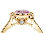 Halo Engagement Ring Setting for Fancy Pink Cushion Cut Center with Milgrain Pave Band and Bezel Head in Yellow Gold