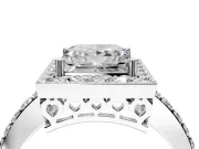 Halo Engagement Ring Setting for Princess Cut Center with Heart-Shaped Openwork, Pave Band and Prong Head in Sterling Silver