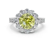 Halo Engagement Ring Setting for Fancy Yellow Round Cut Center with Milgrain Channel Band and Prong Head in Platinum