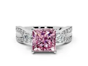 3 Stone Engagement Ring Setting for Fancy Pink Princess Cut Center with Pave Twist Band and Prong Head in White Gold