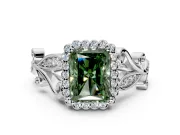 Halo Engagement Ring Setting for Fancy Green Radiant Cut Center with Leaf Motif Split Shank and Prong Head in Platinum