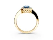 Halo Engagement Ring Setting for Fancy Blue Emerald Cut Center with Heart-Shaped Openwork, Pave Band and Prong Head in Yellow Gold