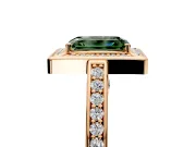 Halo Engagement Ring Setting for Fancy Green Emerald Cut Center with Framed Halo, Pave Band and Prong Head in Rose Gold