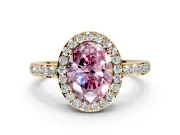 Halo Engagement Ring Setting for Fancy Pink Oval Center with Heart-Shaped Openwork, Pave Band and Prong Head in Yellow Gold