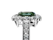 Halo Engagement Ring Setting for Fancy Green Emerald Cut Center with Milgrain Channel Band and Prong Head in White Gold