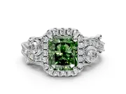 Milgrain Halo Engagement Ring Setting for Fancy Green Radiant Cut Center with Shoulder Bezels and Prong Head in Sterling Silver