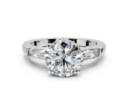 3 Stone Engagement Ring Setting for Round Cut Center with Tapered Baguettes, Plain Band and Prong Head in White Gold