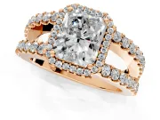 Halo Engagement Ring Setting for Radiant Cut Center with Wide-Open Pave Split Shank and Prong Head in Rose Gold