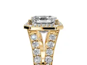 Halo Engagement Ring Setting for Asscher Cut Center with Narrow Pave Split Shank and Prong Head in Yellow Gold