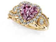 Milgrain Halo Engagement Ring Setting for Fancy Pink Heart-Shaped Center with Shoulder Bezels and Prong Head in Yellow Gold