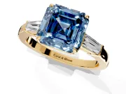 3 Stone Engagement Ring Setting for Fancy Blue Asscher Cut Center with Baguette Accents and Prong Head in Yellow Gold