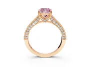 Solitaire Engagement Ring Setting for Fancy Pink Cushion Cut Center with Milgrain-Framed Pave Band and Prong Head in Rose Gold