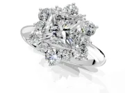 Small-Accent Cluster Halo Engagement Ring Setting for Princess Cut Center with Plain Band and Prong Head in White Gold