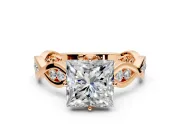 Solitaire Engagement Ring Setting for Princess Cut Center with Accented Twist Band and Leaf Prong Head in Rose Gold