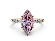 Baguette Engagement Ring Setting for Fancy Pink Marquise Center with Alternating Bar-Set Band and Prong Head in Yellow Gold
