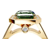 Halo Engagement Ring Setting for Fancy Green Asscher Cut Center with Outer Bezel Rim, Pave Band and Prong Head in Yellow Gold