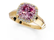 Halo Engagement Ring Setting for Fancy Pink Cushion Cut Center with Knife Ridge Cathedral Band and Prong Head in Yellow Gold