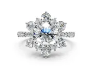 Floral Halo Engagement Ring Setting for Round Cut Center with Pave Accents and Prong Head in White Gold