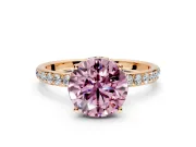 Hidden Halo Engagement Ring Setting for Fancy Pink Round Cut Center with Pave Band and Prong Head in Rose Gold
