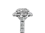 Halo Engagement Ring Setting for Cushion Cut Center with Raised Halo, Pave Band and Prong Head in Platinum