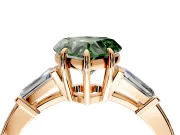 3 Stone Engagement Ring Setting for Fancy Green Heart-Shaped Center with Baguette Accents and Prong Head in Rose Gold