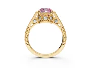 Cathedral Engagement Ring Setting for Fancy Pink Cushion Cut Center with Antique-Style Pave Band and Prong Head in Yellow Gold
