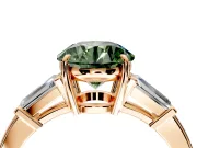 3 Stone Engagement Ring Setting for Fancy Green Round Cut Center with Baguette Accents and Prong Head in Rose Gold