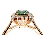 Starburst Halo Engagement Ring Setting for Fancy Green Emerald Cut Center with Thin Round-Wire Band and Prong Head in Rose Gold