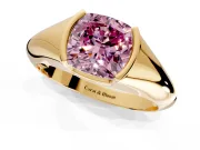 Tension Engagement Ring Setting for Fancy Pink Cushion Cut Center with Wide Tapered Band and Tension Head in Yellow Gold