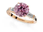 Bar-Set Engagement Ring Setting for Fancy Pink Round Cut Center with Tapered Baguette Accents and Prong Head in Rose Gold